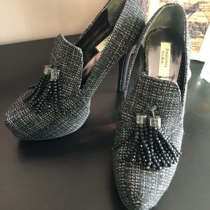 Black Tweed Stacked Heels